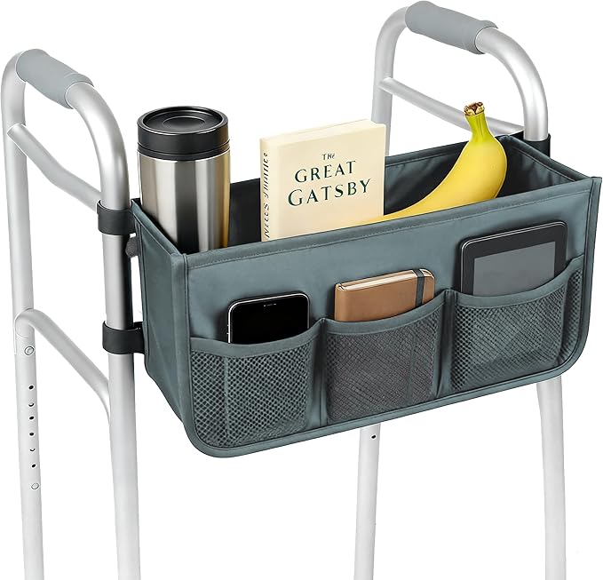 Walker Basket - Foldable Walker Bag with Cup Holder - Fits Folding Walkers - Ideal Walker Accessories for Seniors with Limited Mobility to Carry Water Bottles, Books, Essentials & More (Grey)