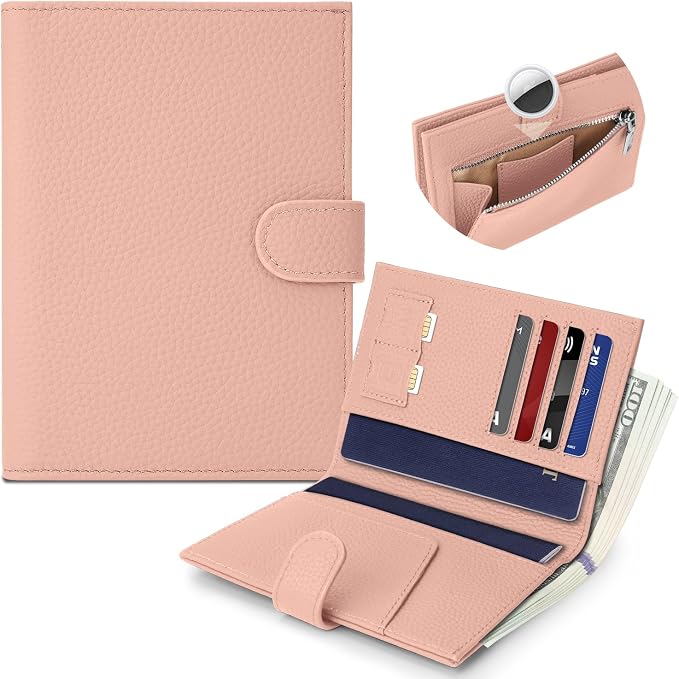 Genuine Leather Passport Holder for Women Men, Hidden Airtag Pocket, RFID Blocking, Zippered Coins Pocket & Cash Compartment Travel Gifts Essentials Passport Cover Case - Pink