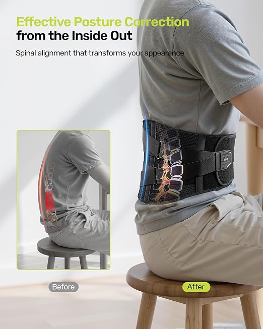 RAKIIE Back Brace for Lower Back Pain Women Men, Ergonomic Support Brace with Lumbar Pad, Adjustable Straps and Soft Breathable Mesh Fabric, Lumbar Support Belt Relief from Sciatica, Gray Size M (Waist: 33.5"-39.4")