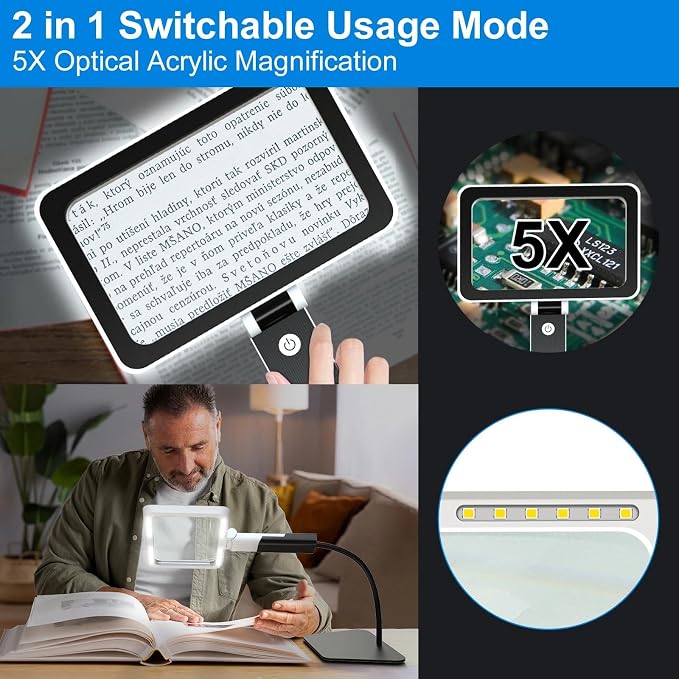 5X Full Page Magnifying Glass with Light and Stand for Reading or Close Work,2 in 1 Large Desk Magnifying Lamp Hands Free for Seniors, Hobbies, Craft