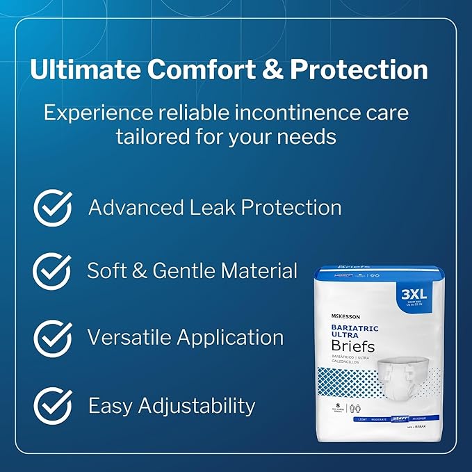 McKesson Ultra Briefs, [8 Count], 3XL, Up to 95 in. Incontinence Adult Diapers with Tabs, Heavy Absorbency, Unisex, Disposable, Elastic Leg Gathers and Contoured Fit for Men and Women