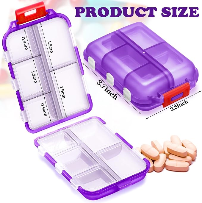 Meekoo 8 Pcs Travel Pill Organizer Pocket Portable Pill Case Daily Container Small Container Medicine Travel with 10 Compartments for Purse Fish Oil Medicine(Purple)