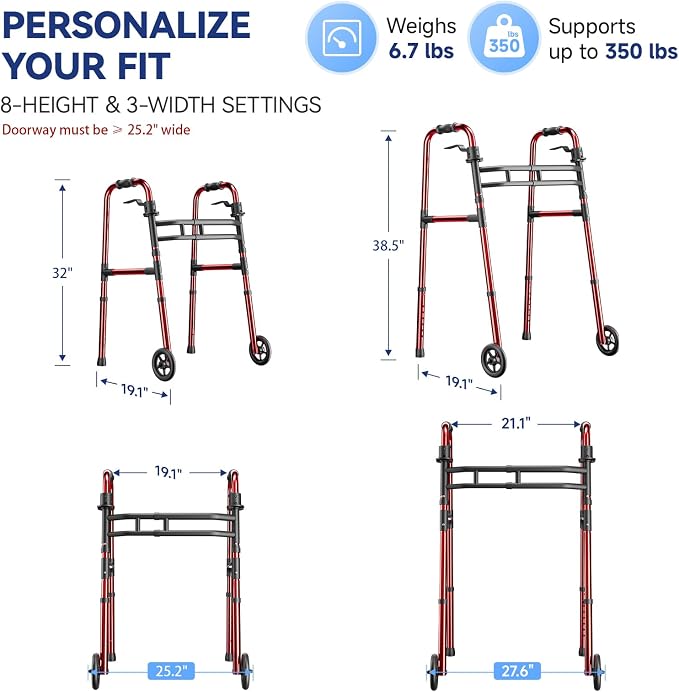 Loyoda Folding Walkers for Seniors Adjustable Aluminum Front Wheel Walker | 5" Wheels, Trigger Release Folding, Height & Width Adjustable, Lightweight Standard Walker, 350 lbs Capacity, Red