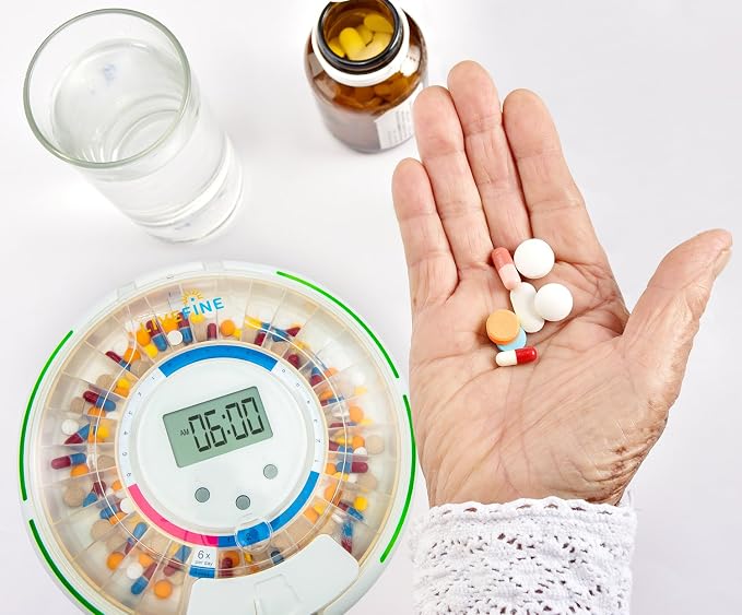 Live Fine Automatic Pill Dispenser, 28 Day Medication Organizer, Clear Lid | Lockable Medicine Box, Pill Box with Alarm, Audible & Visual Alerts, Easy-Fill Carousel, For Vitamins & Prescriptions