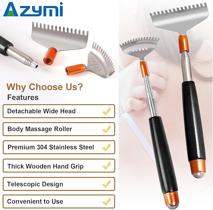 Back Scratcher Detachable Claws, Azymi Backscratchers for Adults Extendable Long Wood Handle/Massage Roller/Steel Wide Heads Body Scratcher Massager with Exquisite Pouch Box