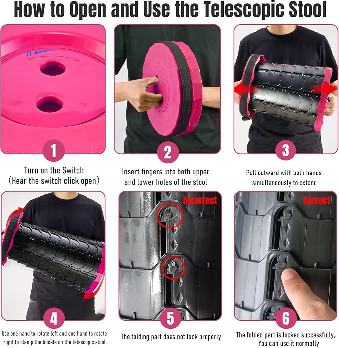 Doseno Collapsible Stool, Portable Stool, Foldable Collapsible Seat, Pink | Retractable foldable stool spans 2.4-17.5 in; portable seat with carry strap for fishing, hiking, camping, BBQ and travel.