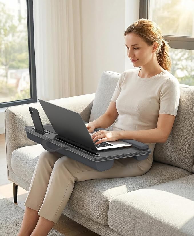 HETTHI Lap Desk with Cushion, Large Laptop Besk Bed, Up to 17" Laptop Tray for Bed with Wrist Rest, 2 Self-Adhesive Mouse Pads, Portable Handle, Tablet Phone Slot (Black)