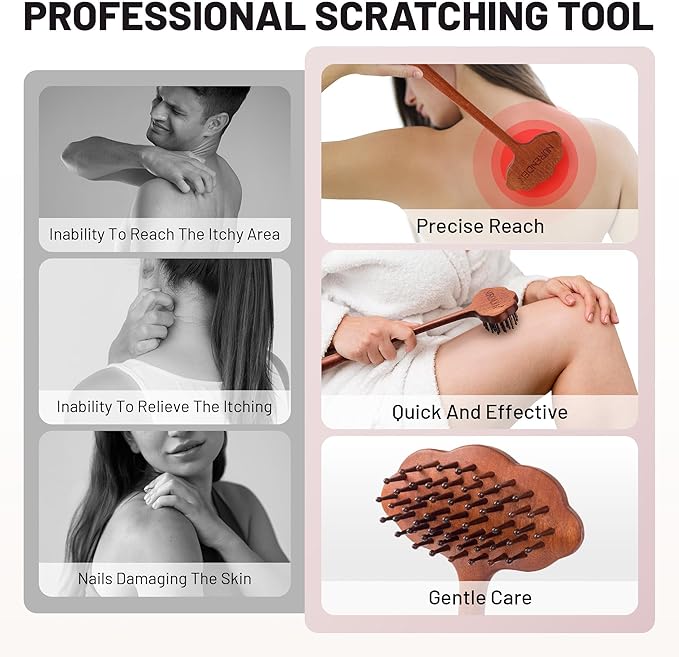 Wooden Back Scratcher, 16.34'' Long Handle Handmade Wood Brush Needle Effective in Relieving Itching, Rascador de Espalda, Backscratcher for Men and Women, Gift for Father, Husband, Elderly