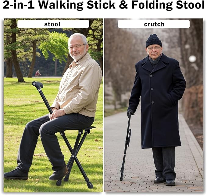 Cane with Seat, Folding Walking Cane Chair with LED Light, Height Adjustable Lightweight Aluminum Walking Stick with Seat, Portable Seat for Seniors & Adults, Fits 55.1–78.7 in Height, 250 lb Capacity