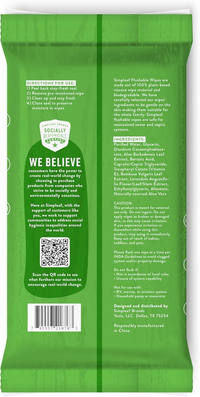 Simpleaf Flushable Wet Wipes Aloe Vera | Plastic Free, Paraben & Alcohol Free | Hypoallergenic & Safe for Sensitive Skin | Soothing Aloe Formula | Adult Toilet Wipes (12 x 50 Counts Pack) 600 Counts