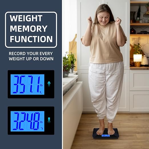 Scale for Body Weight 560lbs MPBEKING High Capacity Bathroom Scales Extra Large Platform Accurate Weighing Scale LCD Backlit Display with Tape Measure & 4 AAA Batteries (Black)