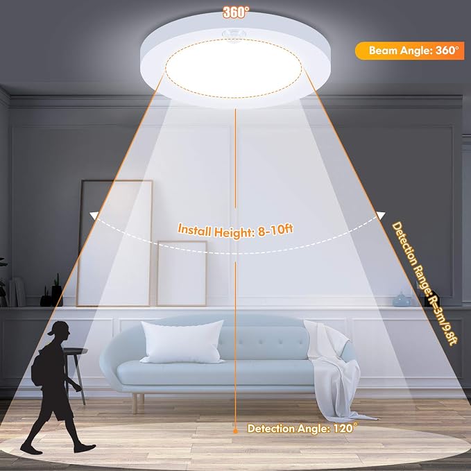 7.5 Inch Wired Motion Sensor Ceiling Light for Hallway 2 Pack | 3000K/4000K/5000K Adjustable, Non-Dimmable Motion Sensor Light Indoor for Laundry, Garage, Stairs, with Timer, 15W 1200LM