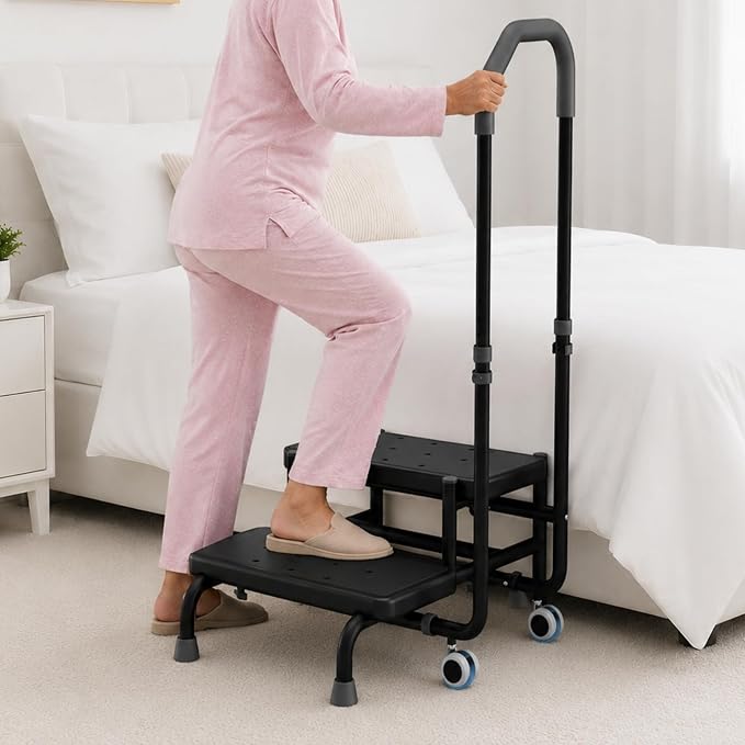 2 Step Stool with Handle & Wheels for Seniors, 400 lbs Capacity, Heavy Duty Step Stool for Bed, Adjustable 5-Level Handrail, Non-Slip Wide Steps, for Grandpa