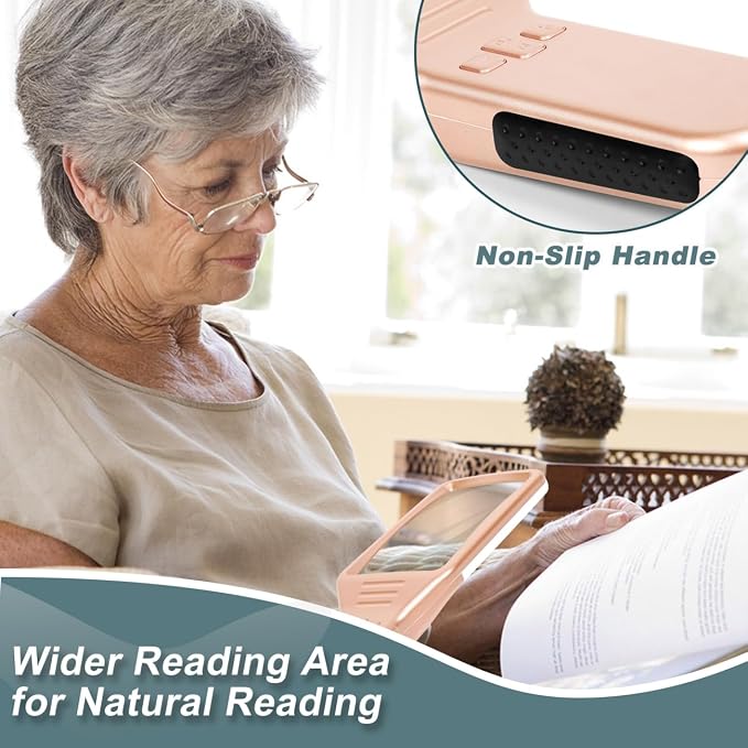 15X Rechargeable Magnifying Glass with Light, Real Glass Page Lens, 3 Color Modes Stepless Dimmable, Lighted Handheld Magnifier for Reading Small Prints, Seniors with Low Vision - Rose Gold