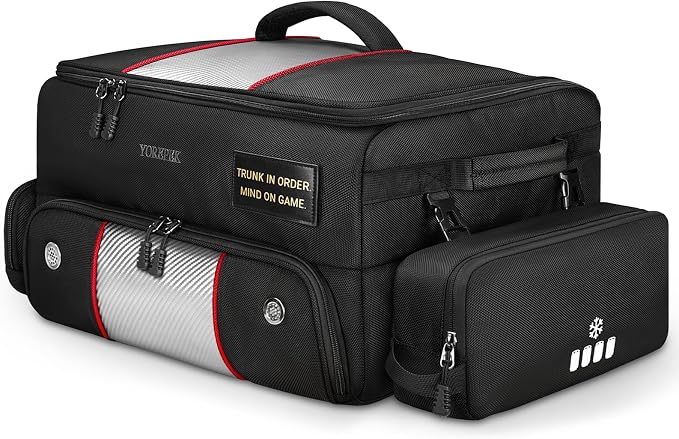 YOREPEK Upgraded Golf Trunk Organizer with Removable Insulated Pouch | Golf Gifts for Men, Golf Organizer with Dust-Proof Protective Layer, Multi-Compartment fit 2 Pairs of Shoes, Golfing Stuff
