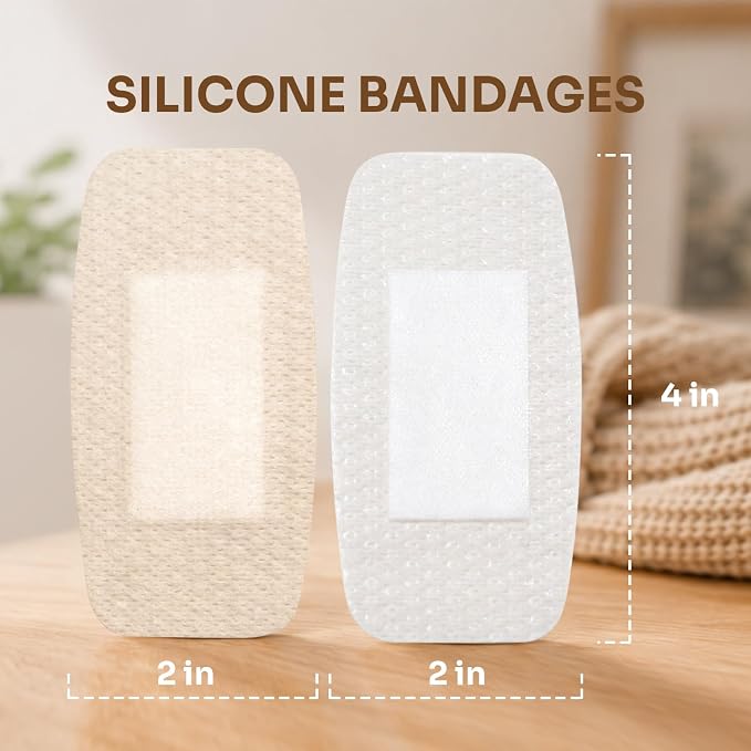 Conkote Silicone Bandages for Sensitive Skin 2"x4" Hypoallergenic Bandages | Breathable, Painless Removal,