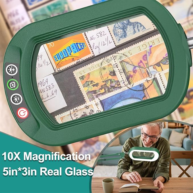 10X Rectangle Magnifying Glass with Light, 5 Color Modes Stepless Dimmable Magnifier with Stand, LED Lighted Clamp Desk Lamp with Swing Arm, Hands Free for Reading Painting Close Work - Green