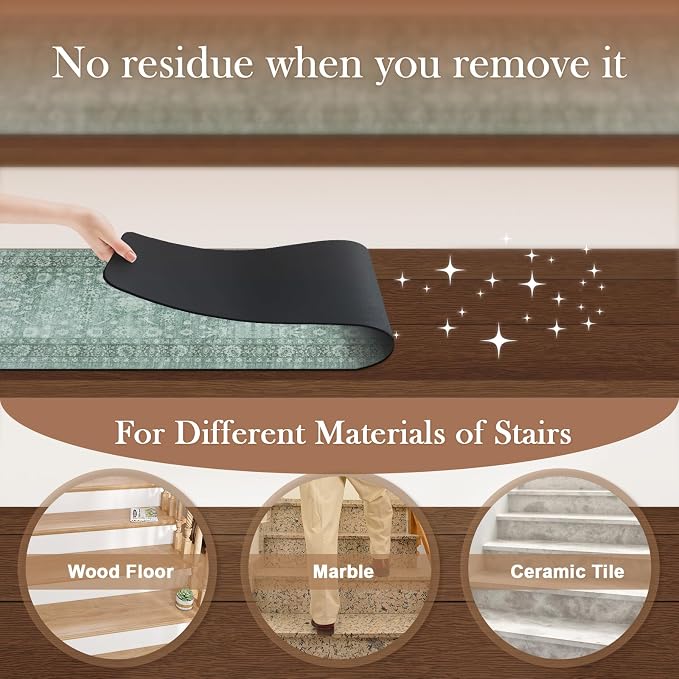 Vintage Stair Treads Non Slip Stair Runners for Wooden Steps 15PCS 8"x30" | Indoor Carpet Stair Treads for Wood Stairs Rubber Staircase Step Treads for Kids & Dogs, Stair Covers, Green