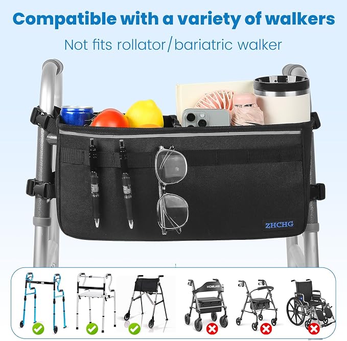 ZHCHG Walker Basket for Seniors, Walker Accessories Bag for Folding Walker | Large Capacity & Never Tipping Over, Best Gift- (Not Fit Rollator Walkers)- Black