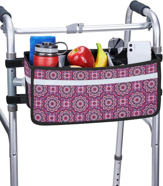 JOYTUTUS Walker Basket for Seniors, Basket for Walkers with Cup Holder, with Two Split Board, Foldable Walker Storage Bag, for Family and Friends, Purple Floral (Not Fit Rollator Walkers)