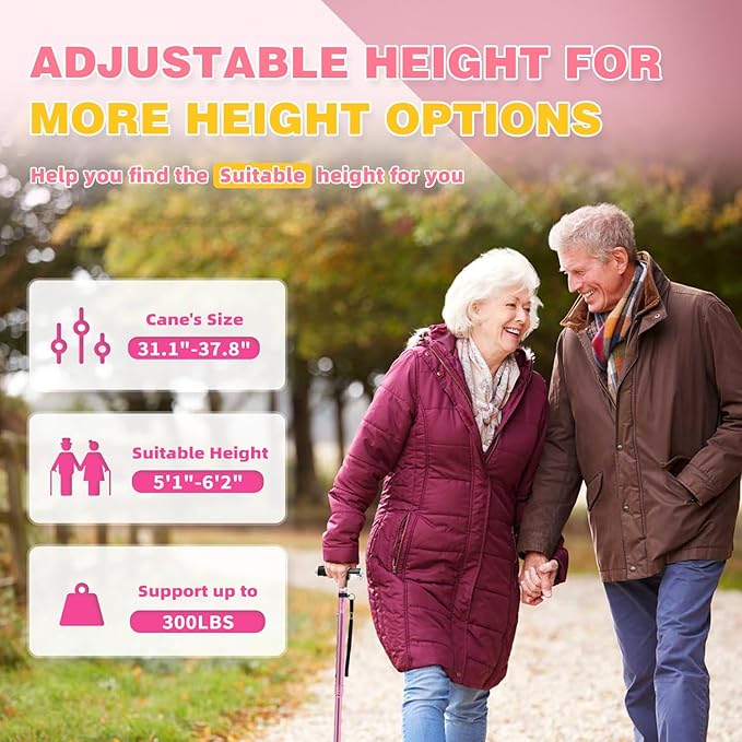 BeneCane Walking Cane for Women Folding Cane for Men with Two Led Lights Quad Cane with Stable Base Lightweight and Adjustable Walking Stick