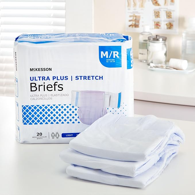 McKesson Ultra Plus Stretch Briefs, [20 Count], M/R, 32-54 in. Incontinence Adult Diapers, Heavy Absorbency, Unisex, Disposable, Elastic Leg Gathers and Contoured Fit for Men and Women