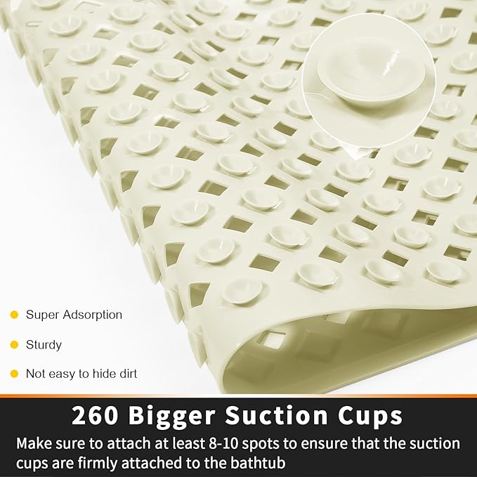 Yimobra Bathtub Mat Non Slip, Super Strong Suction Cups, 27.5"x15.5" Long Shower Mat with Drain Holes, Machine Washable Fast Draining Bath Mats, Bathroom Essentials,Beige