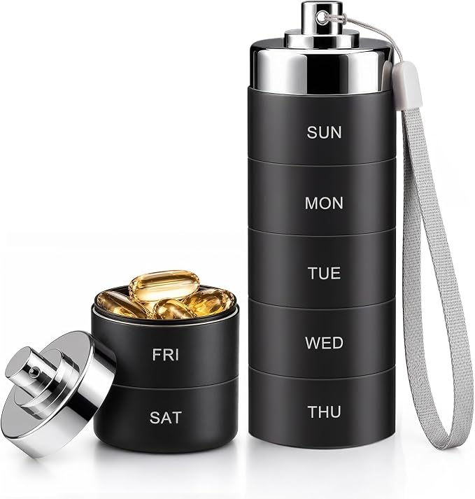 Mossime Metal Travel Pill Organizer with 2 Lids, Waterproof Weekly Pill Box, Large Aluminum Alloy Pill Case Container, BPA Free 7 Day Daily Medicine Organizer for Vitamin, Fish Oil, Supplement