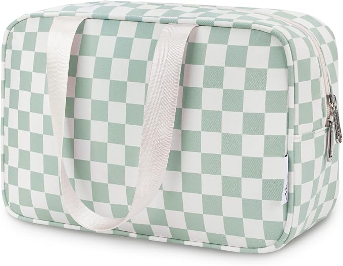 Narwey Large Capacity Travel Toiletry Bag Women, Checkered Makeup Bag with Handle, Portable Make up Cosmetic bag Organizer, Travel Bag for Toiletries, Skincare, Medicine, Essentials (Green Checker)