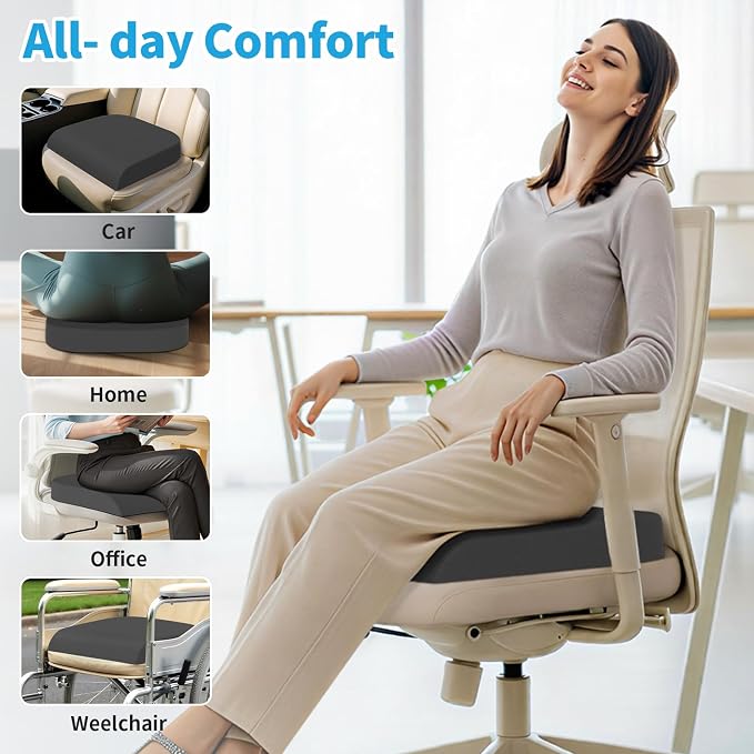 TranquilRelax XL Memory Foam Seat Cushion for Office Chair, 3.35-Inch, Gray | Medium-firm Support for Long Sitting, Washable Mesh Cover, Non-slip Base, Perfect for Car Seats & Short Drivers