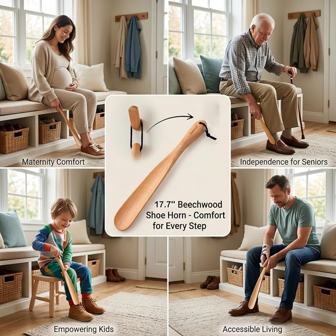 Bamber Wooden Shoe Horn Wood Shoehorn with Handle for Seniors Women Men Kids, 17.7'' Long, Beech Wood