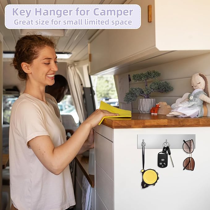 VIS'V Key Holder Wall Mount, Small Adhesive Key Hanger with 3 Hooks, Silver | Metal Material, No Drilling, Extra Adhesive Strip, Suitable for Entryway, Hallway, Doorway, Kitchen, Garage, Camper