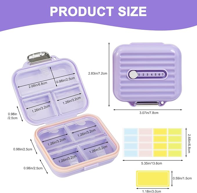 Travel Pill Organizer Box with Labels, 7 Compartments Portable Mini Pill Case, Daily Medication Organizer Storage Pill Container for Pocket Pharmacy(Purple, S)