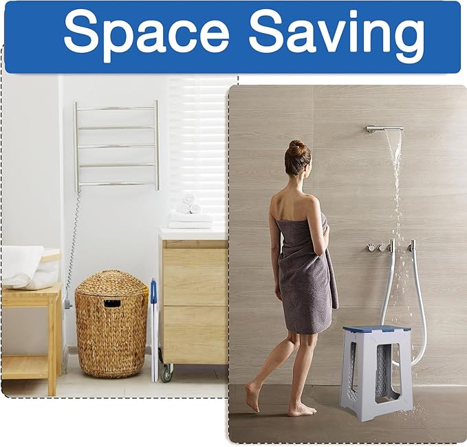Foldable Small Waterproof Plastic Corner Stool for Bathroom - Foldable Non-Slip Shower Bench/Bathtub Stool for The Elderly, Blue-White Color Scheme,Holds Up to 330 lbs, 17.7 inches