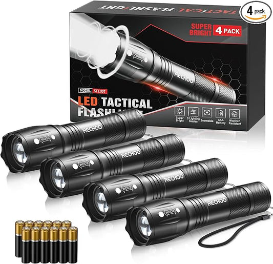 RECHOO 4Pack LED Flashlight, Bright Small Flashlights High Lumens with 3 Modes, Pocket Mini Flashlight Battery Powered, Flash Light Adjustable Focus, Waterproof Flashlights for Home Emergency Camping