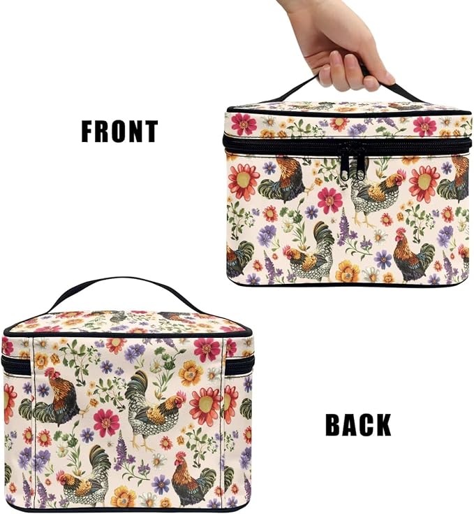 Countryside Chicken Floral Makeup Bag Women Travel Cosmetic Bag for Women, Rooster Flowers Print Large Capacity Portable Toiletry Bags with Handle