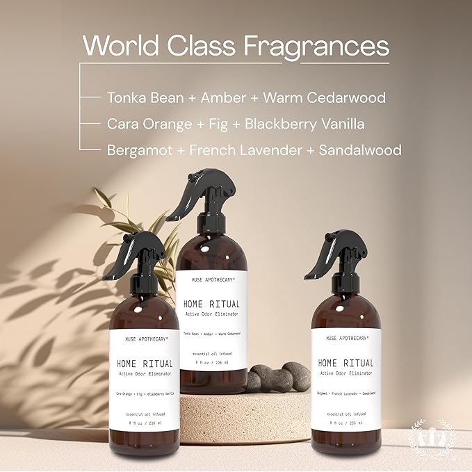Muse Apothecary Home Ritual Active Odor Eliminator Spray - Furniture Deodorizer Spray & Bathroom Odor Eliminator for Home - Essential Oil Air Freshener - 8oz, Cara Orange + Fig + Blackberry Vanilla