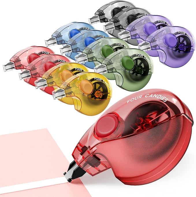 Four Candies Silent Correction Tape, White Correction Tape 12 Pack, 26.2ft | Ergonomic Easy-to-Use Applicator,Fast Clean Instant Corrections, Smooth High-Opacity Tear-Resistant Office & School Supplies