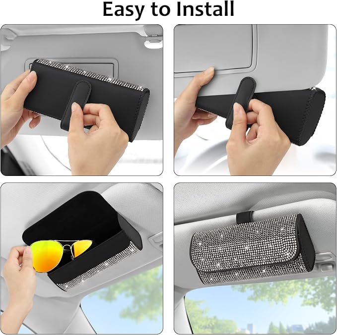 Accmor Bling Glasses Holder for Car Sun Visor, Sparkling Crystal Car Sunglasses Storage Case PU Leather Eyeglasses Organizer Protective Box Car Accessories for Truck, SUV, RV - Gray