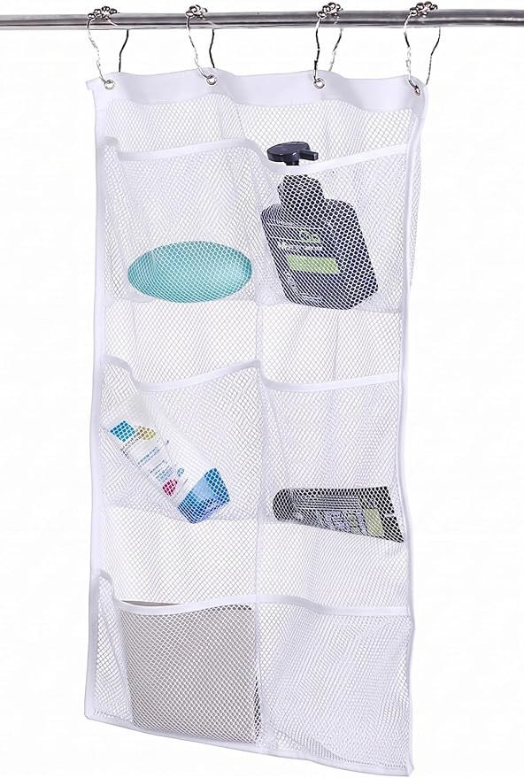 ALYER 6 Storage Pockets Hanging Mesh Shower Caddy,Space Saving Bathroom Accessories and Quick Dry Bath Organizer,White