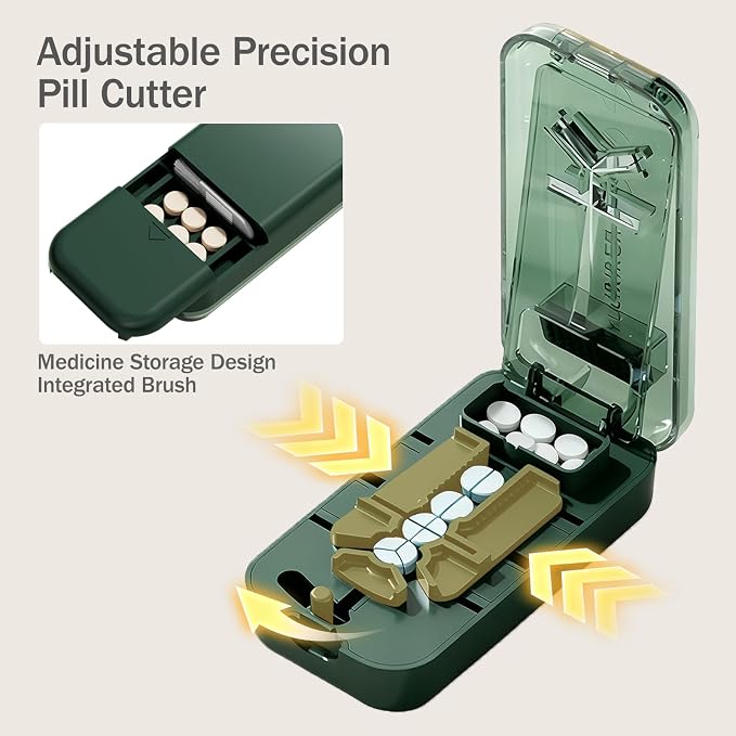 3-in-1 Adjustable Pill Cutter for Small & Large Pills, Professional Pill Splitter Cuts Tablets into 1/2, 1/3 & 1/4, Cuts Multiple Tablets,Hidden Blade，with Storage Box and Tweezers (Green)