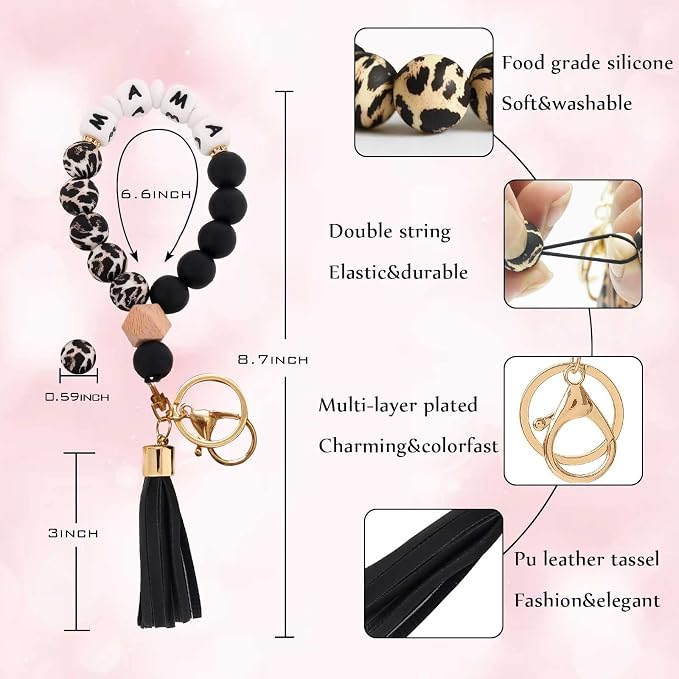 BAOSIWA Silicone Key Ring Bracelet Wristlet Keychain Unique Beaded Bangle Key Chains for Women with Leather Tassel