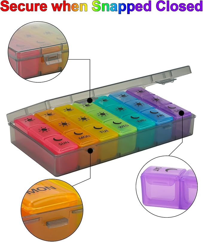Weekly Pill Boxes and Organizer Travel Pill Case 7 Day 3 Times A Day Large Compartments Medication Reminder Daily Pill Container for Fish Oil Vitamins Capsules and Supplements, Gray
