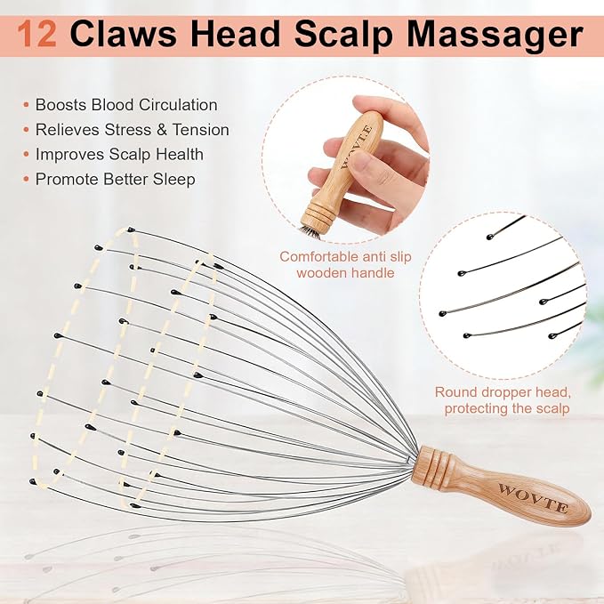 WOVTE 4 in 1 Telescoping Back Scratcher and Wooden Scalp Massager Kit | Replaceable Massage Head, 12-finger Head Massager, Ideal Stocking Stuffers, Exquisite Gifts Box, Perfect Gifts for Men Women
