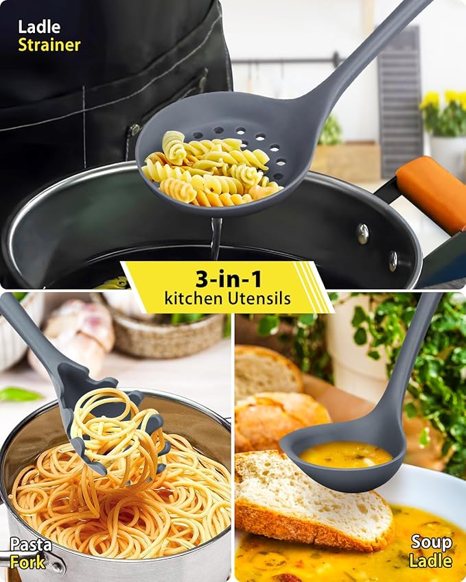 3 Pcs Silicone Kitchen Utensils Set, Soup Ladle-Pasta Fork-Slottede Spoon, Nonstick BPA Free High Heat Resistant Cooking Utensils for Mixing, Serving, Draining, Turning, Stirring