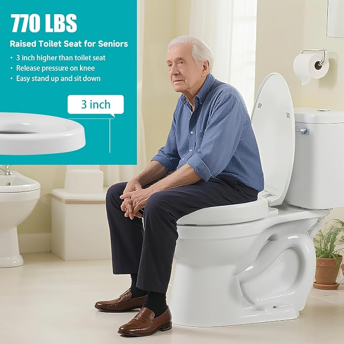 Raised Toilet Seat Riser Elongated, 3 Inches Elevated for Seniors | White, Elevated Toilet Seat, Slow Close, Non-slip, 770lbs Heavy Duty, Fit for Elongated Toilet Bowl