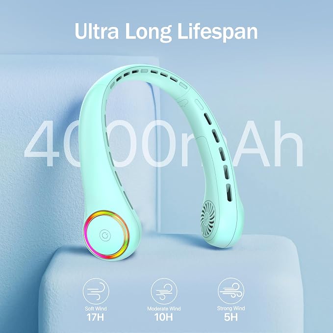 GULAKI Portable Neck Fan, Personal Fan with 4000mAh Battery, Rechargeable Neck Fan with 3 Speeds and 64 Cool Lights, Birthday Gifts for Men Women Mom Dad, Hands Free Cooling fan for Summer(Green)