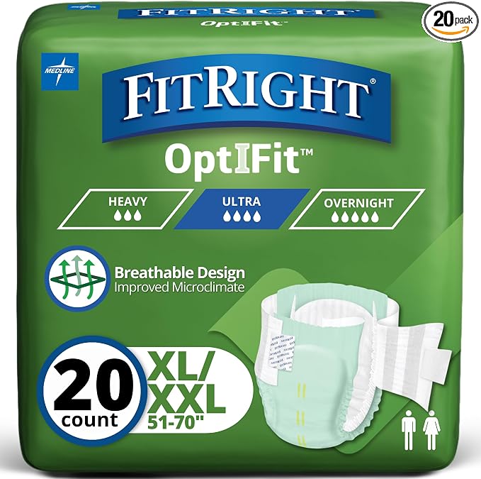 FitRight Stretch Adult Incontinence Briefs with Tabs, Ultra Absorbent, Size 2, 51" to 70", 20 Count