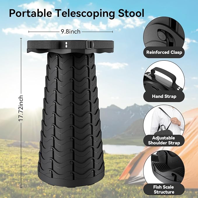 2026 Upgraded Portable Folding Stool, Collapsible Stool, Telescoping Camping Stool with Max Load Capacity 485lbs, Square Retractable Seat for Camping Gardening Fishing Hiking BBQ[Black]