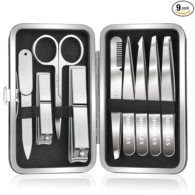MORGLES Tweezers Set for Men 9 Pcs Nail Clipper Kit with Case for Grooming | 5 Tweezers, Clippers, Scissors, Rust-Proof Steel, Travel Press-On Case, Gift for Him/Her, for Splinters, Brows, Facial Hair